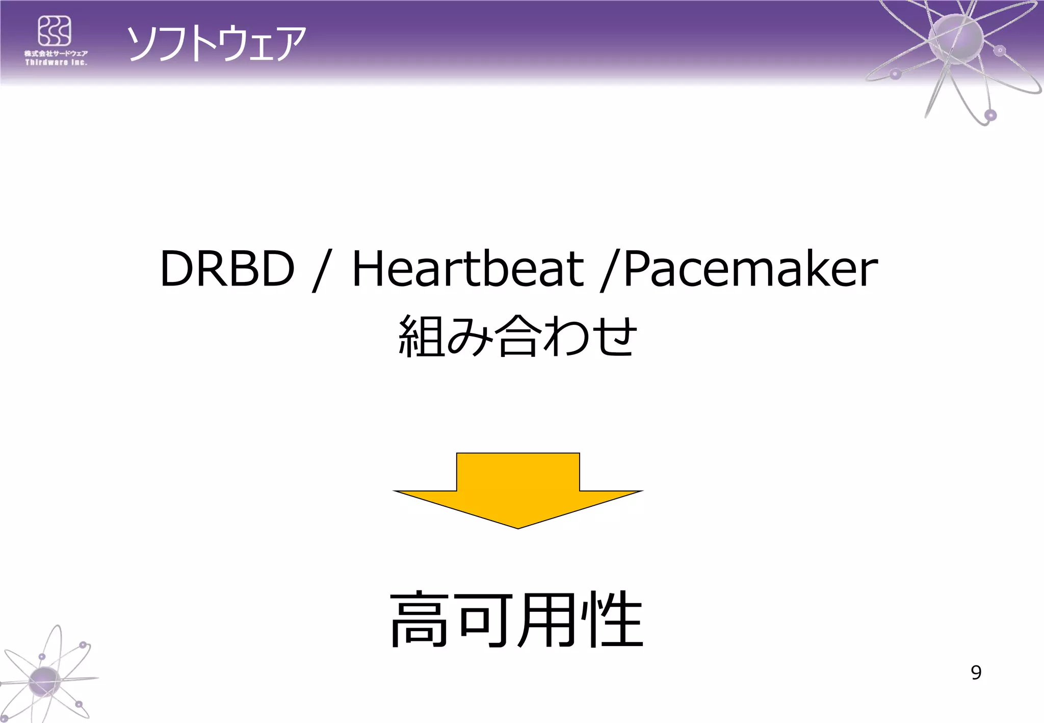 ソフトウェア 
DRBD / Heartbeat /Pacemaker 
組み合わせ 
9 
高可用性  