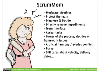 ScrumMom 
- Moderate Meetings 
- Protect the team 
- Diagnose & Decide 
- Directly remove impediments 
- Team Interface 
- Assign tasks 
- Owner of the process, decides on 
framework issues 
- Artificial harmony / evades conflict 
- Bossy 
- Still cares about velocity, delivery 
dates... 
© 2014 Proyectalis Gestión de Proyectos S.L. More at http://Slideshare.net/proyectalis 
 