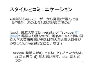 スタイルとコミュニケーション 
突然知らないユーザーから発言が“飛んでき 
た”場合、どのような反応が起こるのか 
[xxx]: 筑波大学はUniversity of Tsukuba RT 
@yyy: 略語より謎なのが、地名のついた特に国 
立大学の英語表記が例えば帝大だと東大以外が 
みな○○universityなこと。なぜ？ 
➥xxxの発話末がa) ですねb) だったかなあ 
c) だと思うd) だと思います、etc. だとど 
うか28 
 