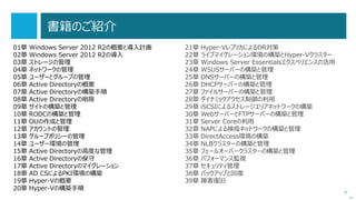 4 
書籍のご紹介 
次へ 
01章Windows Server 2012 R2の概要と導入計画 
02章Windows Server 2012 R2の導入 
03章ストレージの管理 
04章ネットワークの管理 
05章ユーザーとグループの管理 
06章Active Directoryの概要 
07章Active Directoryの構築手順 
08章Active Directoryの削除 
09章サイトの構築と管理 
10章RODCの構築と管理 
11章OUの作成と管理 
12章アカウントの管理 
13章グループポリシーの管理 
14章ユーザー環境の管理 
15章Active Directoryの高度な管理 
16章Active Directoryの保守 
17章Active Directoryのマイグレーション 
18章AD CSによるPKI環境の構築 
19章Hyper-Vの概要 
20章Hyper-Vの構築手順 
21章Hyper-VレプリカによるDR対策 
22章ライブマイグレーション環境の構築とHyper-Vクラスター 
23章Windows Server Essentialsエクスペリエンスの活用 
24章WSUSサーバーの構築と管理 
25章DNSサーバーの構築と管理 
26章DHCPサーバーの構築と管理 
27章ファイルサーバーの構築と管理 
28章ダイナミックアクセス制御の利用 
29章iSCSIによるストレージエリアネットワークの構築 
30章WebサーバーとFTPサーバーの構築と管理 
31章Server Coreの利用 
32章NAPによる検疫ネットワークの構築と管理 
33章DirectAccess環境の構築 
34章NLBクラスターの構築と管理 
35章フェールオーバークラスターの構築と管理 
36章パフォーマンス監視 
37章セキュリティ管理 
38章バックアップと回復 
39章障害復旧  