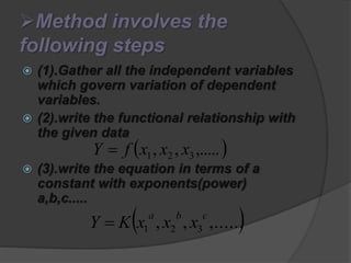 Method involves the
following steps
 (1).Gather all the independent variables
which govern variation of dependent
variables.
 (2).write the functional relationship with
the given data
 (3).write the equation in terms of a
constant with exponents(power)
a,b,c.....
 ,.....,, 321 xxxfY 
 ,......,, 321
cba
xxxKY 
 
