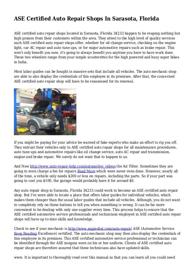ASE Certified Auto Repair Shops In Sarasota, Florida