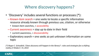 Where discovery happens? 
• ‘Discovery’ includes several functions or processes (*): 
– Known-item search = one seeks to locate a specific information 
resource already known through previous use, citation, or otherwise 
• known-item searches, = accessibility 
– Current awareness = stay up to date in their field 
• current awareness, = discoverability 
– Exploratory search = one seeks as-yet unknown information on some 
topic 
(*) Roger C. Schonfeld / Does discovery still happen In the library? : roles and strategies for a shifting 
reality // Ithaka S + R, 2014 
 