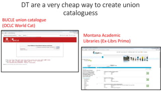 DT are a very cheap way to create union 
cataloguess 
BUCLE union catalogue 
(OCLC World Cat) 
Montana Academic 
Libraries (Ex-Librs Primo) 
 