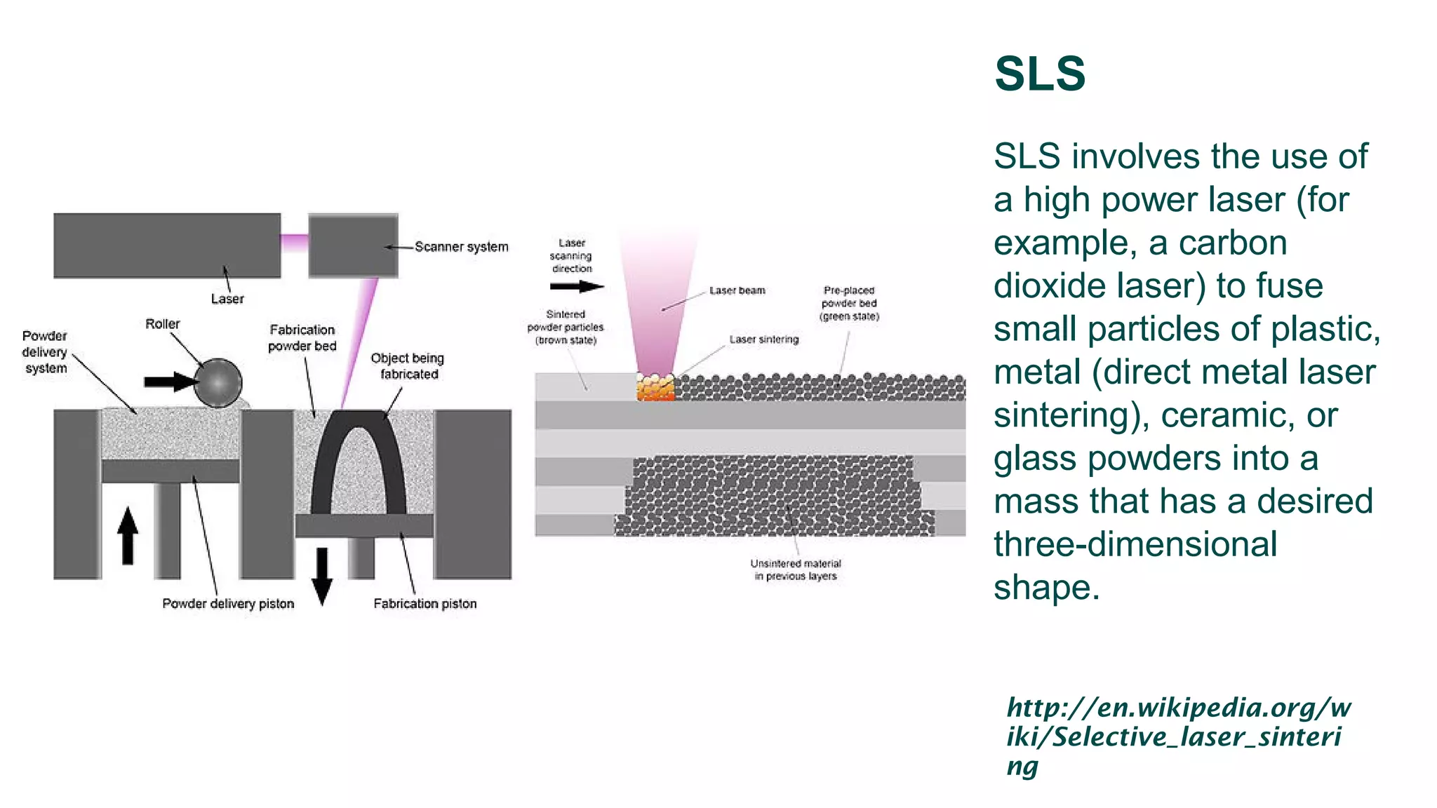 SLS
SLS involves the use of
a high power laser (for
example, a carbon
dioxide laser) to fuse
small particles of plastic,
metal (direct metal laser
sintering), ceramic, or
glass powders into a
mass that has a desired
three-dimensional
shape.
http://en.wikipedia.org/w
iki/Selective_laser_sinteri
ng
 