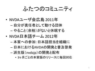 ふたつのコミュニティ
• NVDAユーザ会広島 2011年
– 自分が責任者として動ける団体
– やること（余裕）がないと休眠する
• NVDA日本語チーム 2012年
– 本家への参加：日本語担当を組織に
– 日本におけるNVDAの開発と普及啓発
– 派生版（nvdajp）の開発と配布
• 3ヶ月ごとの本家版のリリースに毎回対応
5
 
