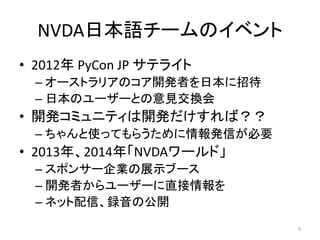 NVDA日本語チームのイベント
• 2012年 PyCon JP サテライト
– オーストラリアのコア開発者を日本に招待
– 日本のユーザーとの意見交換会
• 開発コミュニティは開発だけすれば？？
– ちゃんと使ってもらうために情報発信が必要
• 2013年、2014年「NVDAワールド」
– スポンサー企業の展示ブース
– 開発者からユーザーに直接情報を
– ネット配信、録音の公開
9
 
