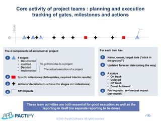 Core activity of project teams : planning and execution tracking of gates, milestones and actions 
-16- 
© 2013 Pactify Software. All rights reserved. 
TODAY 
Do 
J 
De 
Im 
KPI impacts 
4 stages: 
•Documented 
•Justified 
•Decided 
•Implemented 
1 
2 
3 
4 
The 4 components of an initiative/ project: 
Actions/ decisions (to achieve the stages and milestones) 
Specific milestones (deliverables, required interim results) 
To go from idea to a project 
Updated forecast date (along the way) 
1 
2 
For each item has: 
A status 
•On track 
•Delayed 
•Off track 
•Done/ Achieved 
3 
For impacts : re-forecast impact (per month) 
Name, owner, target date (“stick in the ground”) 
4 
These team activities are both essential for good execution as well as the reporting in itself (no separate reporting to be done) 
The actual execution of a project  