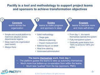 Pactify is a tool and methodology to support project teams and sponsors to achieve transformation objectives 
•Simple and neutral platform to maximize adoption across departments/ regions 
•Deep reach into organization (web based) 
•Always there 
-3- 
© 2013 Pactify Software. All rights reserved. 
Connects teams across the organization 
Guides teams to make progress and sponsors to steer 
•Solid methodology 
‒Stage gate 
‒Milestone planning 
‒Impact measurement 
•Balance big pic vs detail 
•Real time steering 
•Automated administration 
1 
2 
The teams themselves work, from day 1 
•The platform guides the teams to take up autonomy themselves 
•Much more true bottom-up co-operation from within the teams 
•Much less “pushed” from the top (sponsors, PMO) 
Engages teams to become more and more self-driven 
•From day 1 : the teams themselves operate the system 
•Fully transparent system 
•Gradually guide teams from 100% re-active to 100% pro- active 
3  