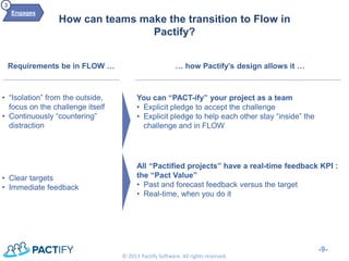 How can teams make the transition to Flow in Pactify? 
-9- 
© 2013 Pactify Software. All rights reserved. 
Requirements be in FLOW … 
… how Pactify’s design allows it … 
•“Isolation” from the outside, focus on the challenge itself 
•Continuously “countering” distraction 
You can “PACT-ify” your project as a team 
•Explicit pledge to accept the challenge 
•Explicit pledge to help each other stay “inside” the challenge and in FLOW 
•Clear targets 
•Immediate feedback 
All “Pactified projects” have a real-time feedback KPI : the “Pact Value” 
•Past and forecast feedback versus the target 
•Real-time, when you do it 
Engages 
3  