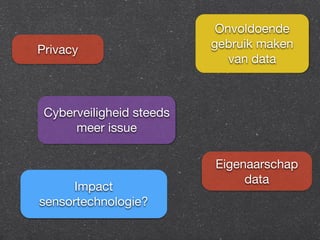 Privacy 
Cyberveiligheid steeds 
meer issue 
Onvoldoende 
gebruik maken 
van data 
Impact 
sensortechnologie? 
Eigenaarschap 
data 
 