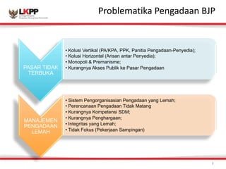 Click 
to 
Problem 
eadtiitk 
Ma 
Paestnegra 
tditalean 
s 
tByJlPe 
3 
PASAR TIDAK 
TERBUKA 
• Kolusi Vertikal (PA/KPA, PPK, Panitia Pengadaan-Penyedia); 
• Kolusi Horizontal (Arisan antar Penyedia); 
• Monopoli & Premanisme; 
• Kurangnya Akses Publik ke Pasar Pengadaan 
MANAJEMEN 
PENGADAAN 
LEMAH 
• Sistem Pengorganisasian Pengadaan yang Lemah; 
• Perencanaan Pengadaan Tidak Matang 
• Kurangnya Kompetensi SDM; 
• Kurangnya Penghargaan; 
• Integritas yang Lemah; 
• Tidak Fokus (Pekerjaan Sampingan) 
 