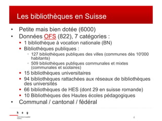 4 
Les bibliothèques en Suisse 
• Petite mais bien dotée (6000) 
• Données OFS (822), 7 catégories : 
 1 bibliothèque à v...