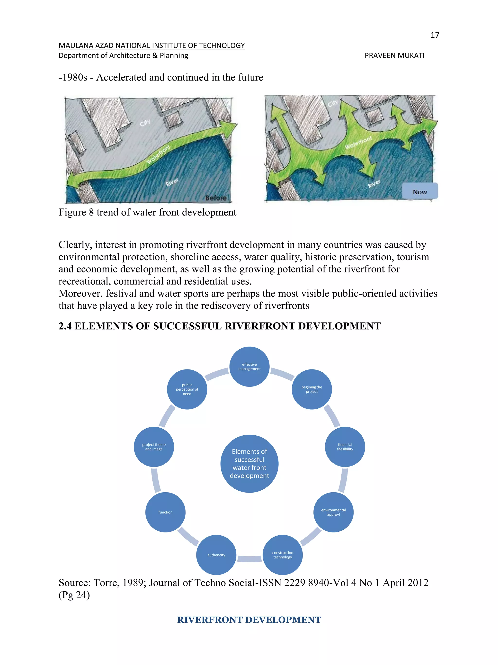 17
MAULANA AZAD NATIONAL INSTITUTE OF TECHNOLOGY
Department of Architecture & Planning PRAVEEN MUKATI
RIVERFRONT DEVELOPMENT
-1980s - Accelerated and continued in the future
Figure 8 trend of water front development
Clearly, interest in promoting riverfront development in many countries was caused by
environmental protection, shoreline access, water quality, historic preservation, tourism
and economic development, as well as the growing potential of the riverfront for
recreational, commercial and residential uses.
Moreover, festival and water sports are perhaps the most visible public-oriented activities
that have played a key role in the rediscovery of riverfronts
2.4 ELEMENTS OF SUCCESSFUL RIVERFRONT DEVELOPMENT
Source: Torre, 1989; Journal of Techno Social-ISSN 2229 8940-Vol 4 No 1 April 2012
(Pg 24)
Elements of
successful
water front
development
effective
management
beginingthe
project
financial
faesibility
environmental
approvl
construction
technology
authencity
function
project theme
and image
public
perceptionof
need
 