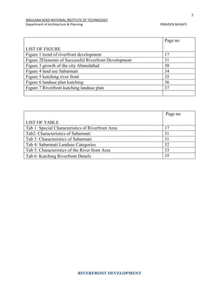 7
MAULANA AZAD NATIONAL INSTITUTE OF TECHNOLOGY
Department of Architecture & Planning PRAVEEN MUKATI
RIVERFRONT DEVELOPMENT
LIST OF FIGURE
Page no
Figure 1 trend of riverfront development 17
Figure 2Elements of Successful Riverfront Development 31
Figure 3 growth of the city Ahmedabad 30
Figure 4 land use Sabarmati 34
Figure 5 kutching river front 35
Figure 6 landuse plan kutching 36
Figure 7 Riverfront kutching landuse plan 37
LIST OF TABLE
Page no
Tab 1: Special Characteristics of Riverfront Area 17
Tab2: Characteristics of Sabarmati 31
Tab 3: Characteristics of Sabarmati 31
Tab 4: Sabarmati Landuse Categories 32
Tab 5: Characteristics of the River front Area 33
Tab 6: Kutching Riverfront Details 35
 