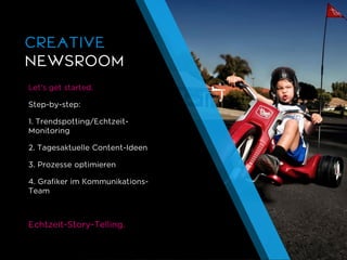 CREATIVENEWSROOM 
Let’s get started. 
Step-by-step: 
1. Trendspotting/Echtzeit- Monitoring 
2. TagesaktuelleContent-Ideen 
3. Prozesseoptimieren 
4. GrafikerimKommunikations- Team 
Echtzeit-Story-Telling.  