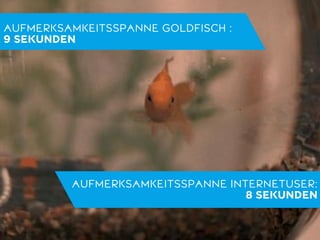 AUFMERKSAMKEITSSPANNE GOLDFISCH : 
9 SEKUNDEN 
AUFMERKSAMKEITSSPANNE INTERNETUSER: 
8 SEKUNDEN 
 