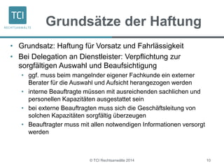 Grundsätze der Haftung 
• Grundsatz: Haftung für Vorsatz und Fahrlässigkeit 
• Bei Delegation an Dienstleister: Verpflichtung zur 
sorgfältigen Auswahl und Beaufsichtigung 
• ggf. muss beim mangelnder eigener Fachkunde ein externer 
Berater für die Auswahl und Aufsicht herangezogen werden 
• interne Beauftragte müssen mit ausreichenden sachlichen und 
personellen Kapazitäten ausgestattet sein 
• bei externe Beauftragten muss sich die Geschäftsleitung von 
solchen Kapazitäten sorgfältig überzeugen 
• Beauftragter muss mit allen notwendigen Informationen versorgt 
© TCI Rechtsanwälte 2014 10 
werden 
 