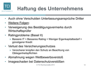 Haftung des Unternehmens 
• Auch ohne Verschulden Unterlassungsansprüche Dritter 
• Weitere Folgen: 
• Verweigerung des Bestätigungsvermerks durch 
© TCI Rechtsanwälte 2014 12 
Wirtschaftsprüfer 
• Ratingprobleme (Basel II) 
 Bessere IT > Besseres Rating > Weniger Eigenkapitalbedarf > 
günstigerer Kredit 
• Verlust des Versicherungsschutzes 
 Versicherer knüpfen den Schutz an Beachtung von 
Obliegenheitspflichten 
• Abmahnung wegen Wettbewerbsverstoß 
• Imageschaden bei Datenschutzverstößen 
 
