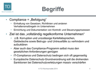 Begriffe 
• Compliance = „Befolgung“ 
• Einhaltung von Gesetzen, Richtlinien und anderen 
Verhaltensmaßregeln im Unternehmen 
• Einrichtung und Dokumentation von Kontroll- und Steuerungsprozessen 
• Ziel ist das „vollständig regelkonforme Unternehmen“ 
• z.B. Korruption und unzulässige Kartellabsprachen, 
Geldwäsche sowie Betrugs- und Untreuefälle zu verhindern und 
aufzuklären 
• Aber auch das Compliance-Programm selbst muss den 
gesetzlichen Anforderungen genügen 
• IT-Compliance und Datenschutz bedingen sich oft gegenseitig 
• Europäische Datenschutz-Grundverordnung soll die drohenden 
Sanktionen bei Datenschutzverletzungen massiv verschärfen 
© TCI Rechtsanwälte 2014 4 
 