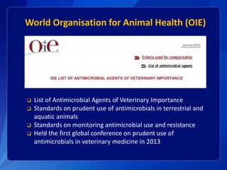 World Organisation for Animal Health (OIE) 
 List of Antimicrobial Agents of Veterinary Importance 
 Standards on pruden...