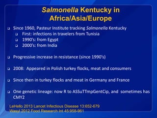 Salmonella Kentucky in 
Africa/Asia/Europe 
 Since 1960, Pasteur Institute tracking Salmonella Kentucky 
 First: infecti...