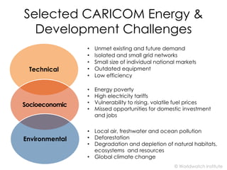 Selected CARICOM Energy & 
Development Challenges 
Technical 
Socioeconomic 
Environmental 
• Unmet existing and future de...
