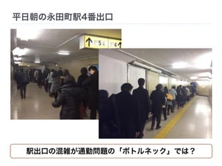 平日朝の永田町駅4番出口 
駅出口の混雑が通勤問題の「ボトルネック」では？ 
 