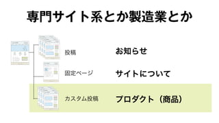 専門サイト系とか製造業とか 
投稿 
固定ページ 
カスタム投稿 
お知らせ 
サイトについて 
プロダクト（商品） 
 