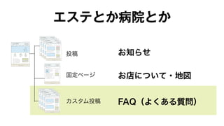 エステとか病院とか 
投稿 
固定ページ 
カスタム投稿 
お知らせ 
お店について・地図 
FAQ（よくある質問） 
 