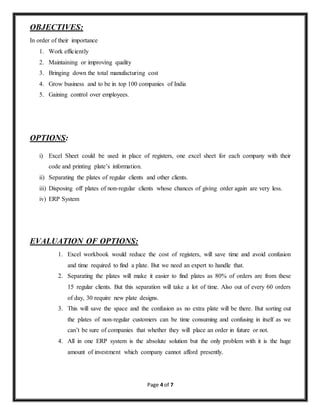 Page 4 of 7 
OBJECTIVES: 
In order of their importance 
1. Work efficiently 
2. Maintaining or improving quality 
3. Bringing down the total manufacturing cost 
4. Grow business and to be in top 100 companies of India 
5. Gaining control over employees. 
OPTIONS: 
i) Excel Sheet could be used in place of registers, one excel sheet for each company with their 
code and printing plate’s information. 
ii) Separating the plates of regular clients and other clients. 
iii) Disposing off plates of non-regular clients whose chances of giving order again are very less. 
iv) ERP System 
EVALUATION OF OPTIONS: 
1. Excel workbook would reduce the cost of registers, will save time and avoid confusion 
and time required to find a plate. But we need an expert to handle that. 
2. Separating the plates will make it easier to find plates as 80% of orders are from these 
15 regular clients. But this separation will take a lot of time. Also out of every 60 orders 
of day, 30 require new plate designs. 
3. This will save the space and the confusion as no extra plate will be there. But sorting out 
the plates of non-regular customers can be time consuming and confusing in itself as we 
can’t be sure of companies that whether they will place an order in future or not. 
4. All in one ERP system is the absolute solution but the only problem with it is the huge 
amount of investment which company cannot afford presently. 
 