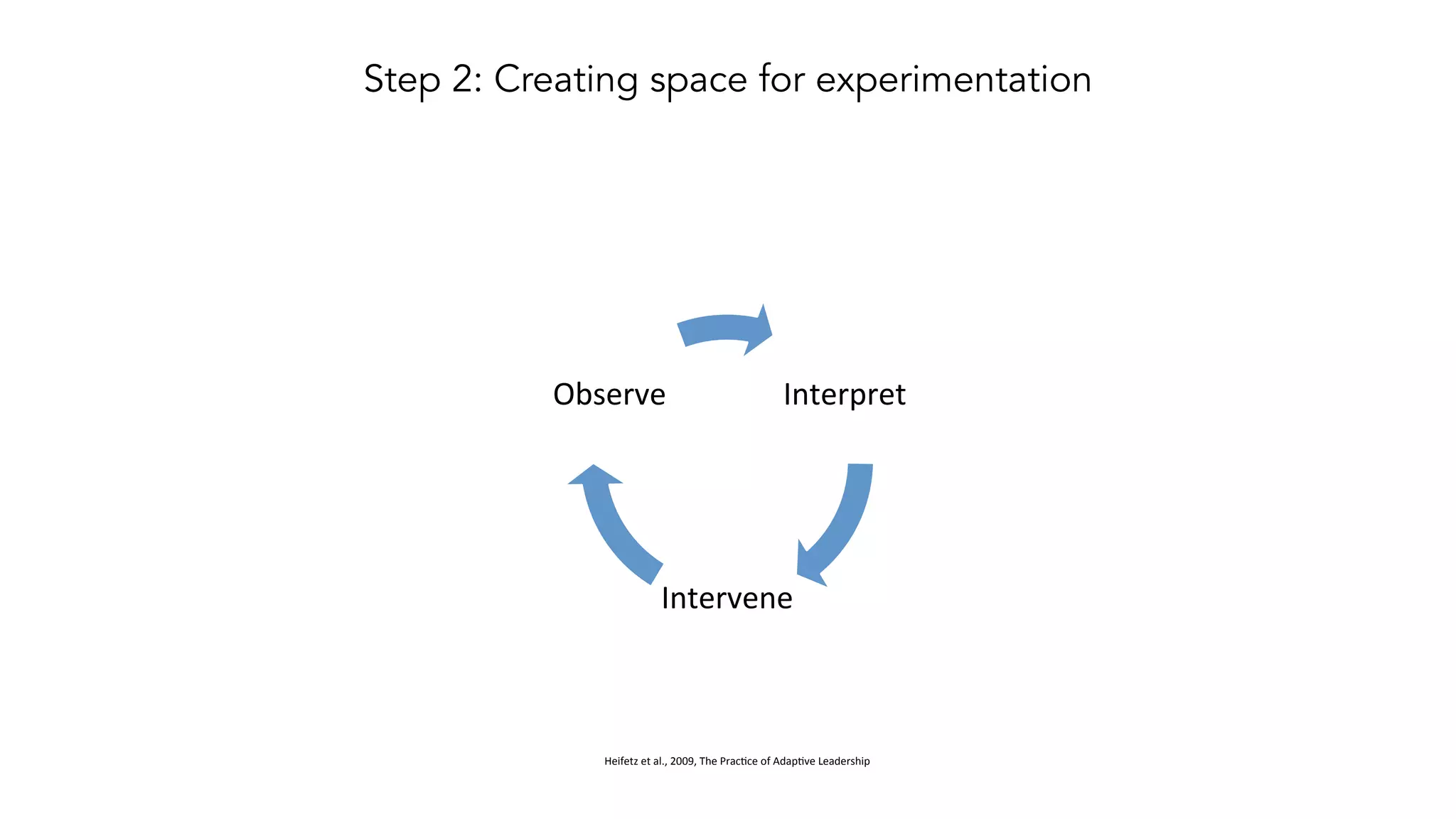 Step 2: Creating space for experimentation
Interpret'
Intervene'
Observe'
Heifetz'et'al.,'2009,'The'Prac4ce'of'Adap4ve'Leadership'
 