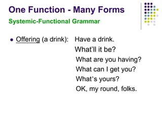 One Function - Many Forms
Systemic-Functional Grammar
 Offering (a drink): Have a drink.
What’ll it be?
What are you having?
What can I get you?
What’s yours?
OK, my round, folks.
 