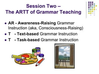 Session Two –
The ARTT of Grammar Teaching
 AR - Awareness-Raising Grammar
Instruction (aka, Consciousness-Raising)
 T - Text-based Grammar Instruction
 T - Task-based Grammar Instruction
 