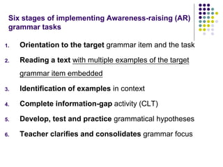 Six stages of implementing Awareness-raising (AR)
grammar tasks
1. Orientation to the target grammar item and the task
2. Reading a text with multiple examples of the target
grammar item embedded
3. Identification of examples in context
4. Complete information-gap activity (CLT)
5. Develop, test and practice grammatical hypotheses
6. Teacher clarifies and consolidates grammar focus
 