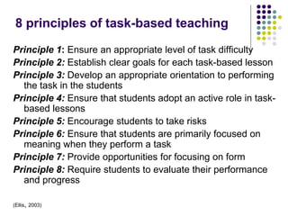 8 principles of task-based teaching
Principle 1: Ensure an appropriate level of task difficulty
Principle 2: Establish clear goals for each task-based lesson
Principle 3: Develop an appropriate orientation to performing
the task in the students
Principle 4: Ensure that students adopt an active role in task-
based lessons
Principle 5: Encourage students to take risks
Principle 6: Ensure that students are primarily focused on
meaning when they perform a task
Principle 7: Provide opportunities for focusing on form
Principle 8: Require students to evaluate their performance
and progress
(Ellis, 2003)
 