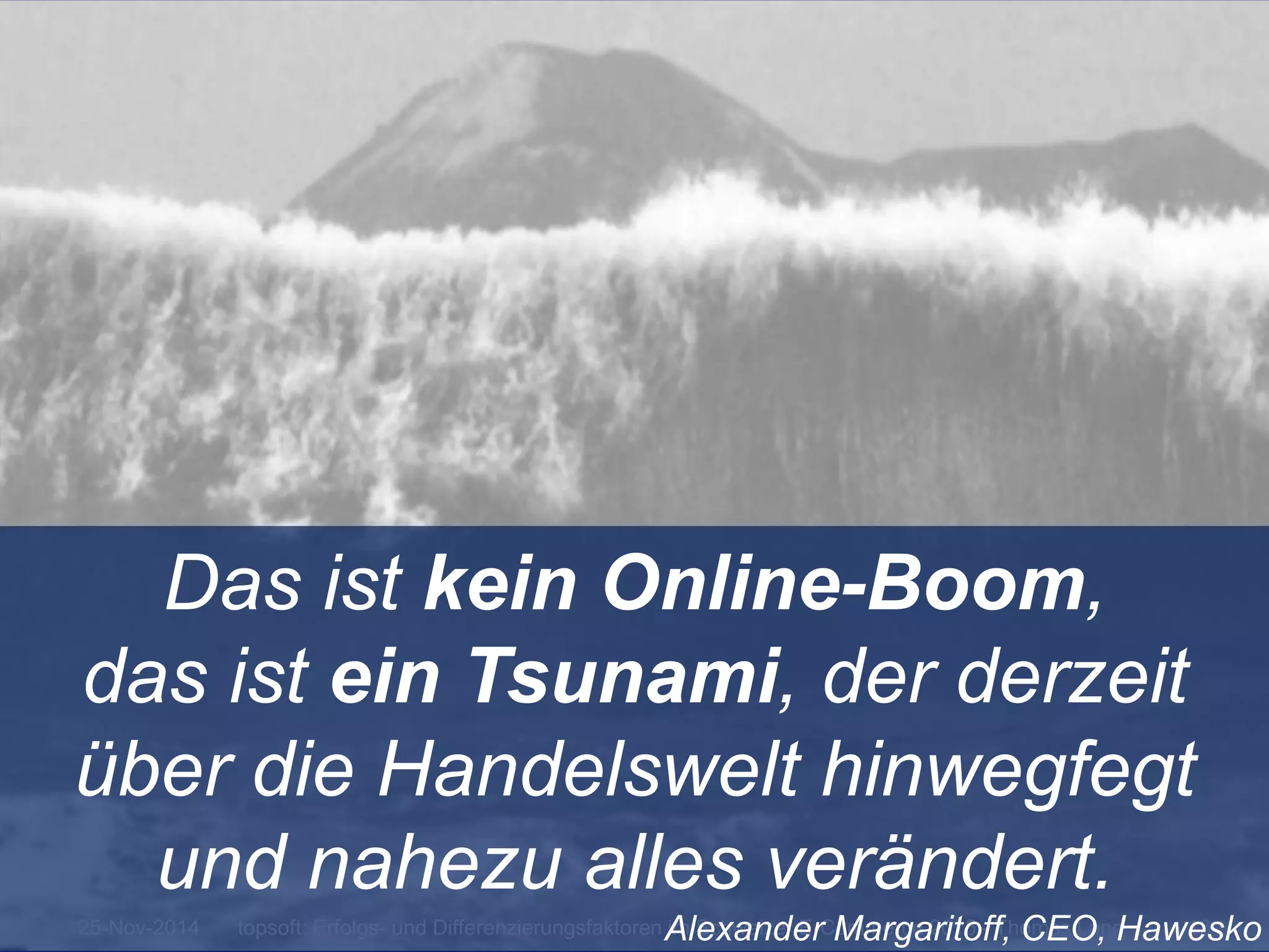 Das ist kein Online-Boom, 
das ist ein Tsunami, der derzeit 
über die Handelswelt hinwegfegt 
und nahezu alles verändert. 
Alexander Margaritoff, CEO, Hawesko 
25-Nov-2014 topsoft: Erfolgs- und Differenzierungsfaktoren im Schweizer E-Commerce 2015 - Thomas Lang 13 
 