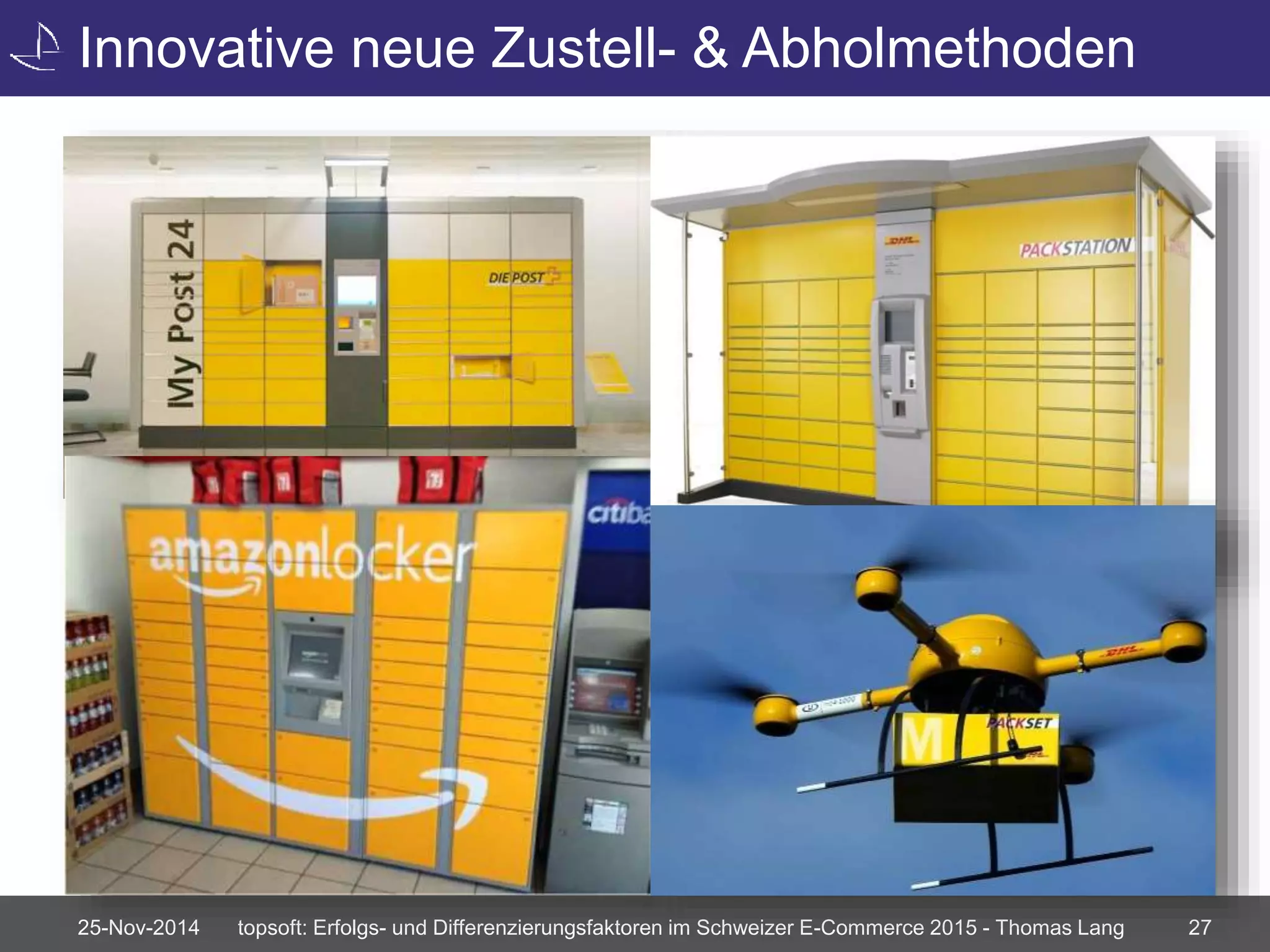 Innovative neue Zustell- & Abholmethoden 
25-Nov-2014 topsoft: Erfolgs- und Differenzierungsfaktoren im Schweizer E-Commerce 2015 - Thomas Lang 27 
 