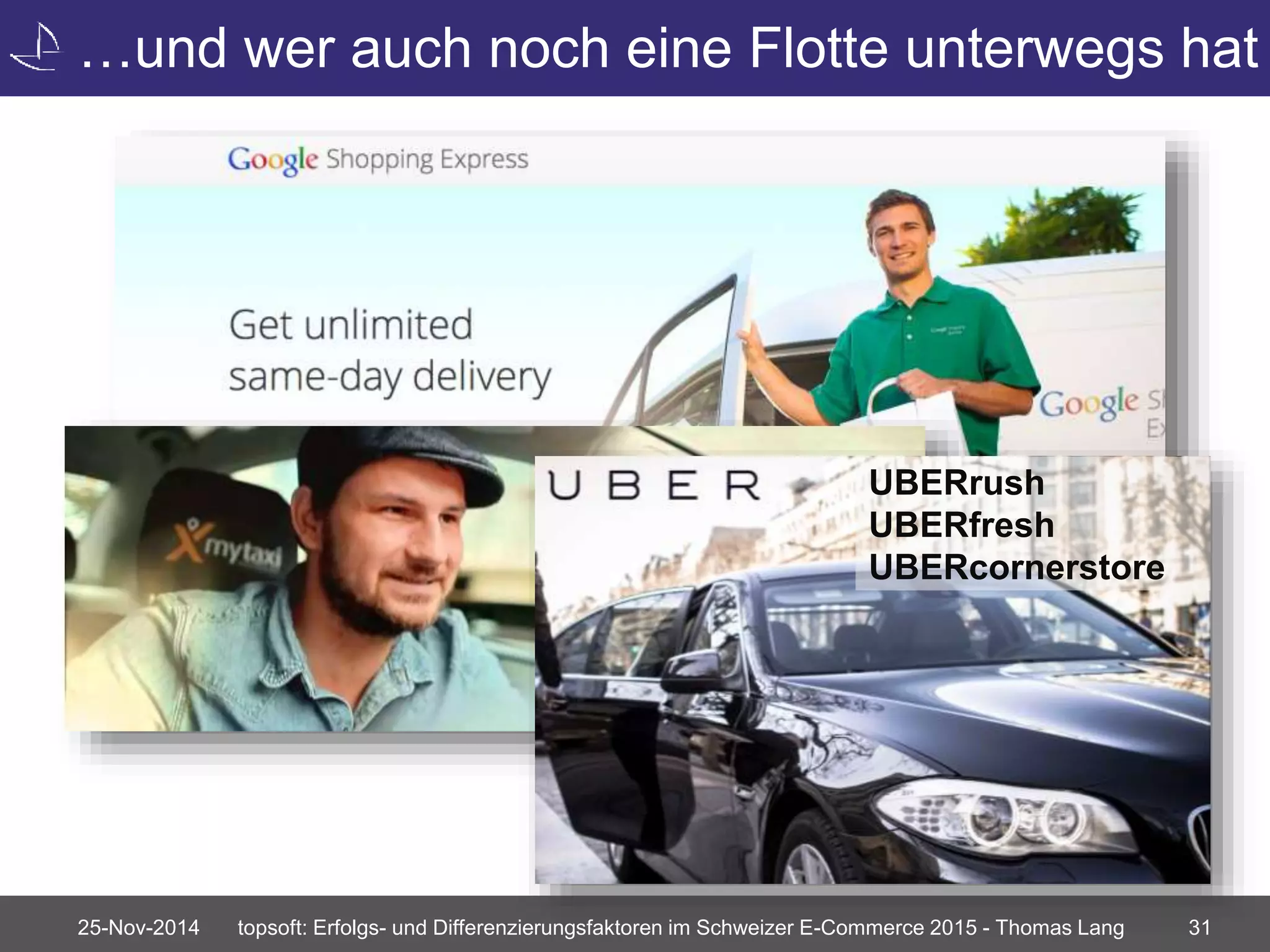 …und wer auch noch eine Flotte unterwegs hat 
UBERrush 
UBERfresh 
UBERcornerstore 
25-Nov-2014 topsoft: Erfolgs- und Differenzierungsfaktoren im Schweizer E-Commerce 2015 - Thomas Lang 31 
 