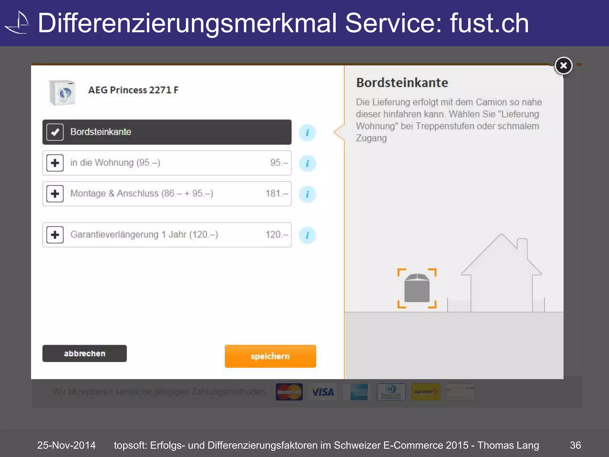 Differenzierungsmerkmal Service: fust.ch 
25-Nov-2014 topsoft: Erfolgs- und Differenzierungsfaktoren im Schweizer E-Commerce 2015 - Thomas Lang 36 
 