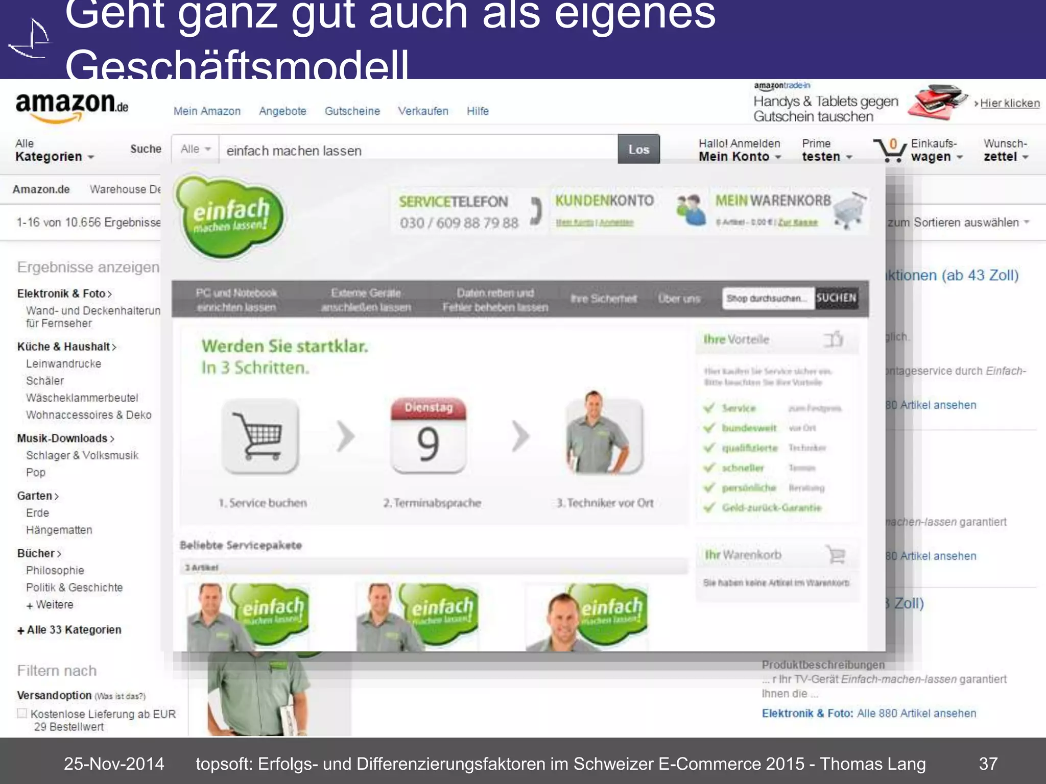 Geht ganz gut auch als eigenes 
Geschäftsmodell 
25-Nov-2014 topsoft: Erfolgs- und Differenzierungsfaktoren im Schweizer E-Commerce 2015 - Thomas Lang 37 
 