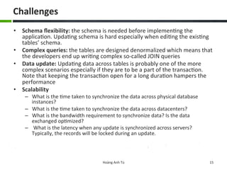 Challenges	
  
•  Schema	
  ﬂexibility:	
  the	
  schema	
  is	
  needed	
  before	
  implemen6ng	
  the	
  
applica6on.	
  Upda6ng	
  schema	
  is	
  hard	
  especially	
  when	
  edi6ng	
  the	
  exis6ng	
  
tables’	
  schema.	
  
•  Complex	
  queries:	
  the	
  tables	
  are	
  designed	
  denormalized	
  which	
  means	
  that	
  
the	
  developers	
  end	
  up	
  wri6ng	
  complex	
  so-­‐called	
  JOIN	
  queries	
  	
  
•  Data	
  update:	
  Upda6ng	
  data	
  across	
  tables	
  is	
  probably	
  one	
  of	
  the	
  more	
  
complex	
  scenarios	
  especially	
  if	
  they	
  are	
  to	
  be	
  a	
  part	
  of	
  the	
  transac6on.	
  
Note	
  that	
  keeping	
  the	
  transac6on	
  open	
  for	
  a	
  long	
  dura6on	
  hampers	
  the	
  
performance	
  	
  
•  Scalability	
  	
  
–  What	
  is	
  the	
  6me	
  taken	
  to	
  synchronize	
  the	
  data	
  across	
  physical	
  database	
  
instances?	
  	
  
–  What	
  is	
  the	
  6me	
  taken	
  to	
  synchronize	
  the	
  data	
  across	
  datacenters?	
  	
  
–  What	
  is	
  the	
  bandwidth	
  requirement	
  to	
  synchronize	
  data?	
  Is	
  the	
  data	
  
exchanged	
  op6mized?	
  	
  
–  	
  What	
  is	
  the	
  latency	
  when	
  any	
  update	
  is	
  synchronized	
  across	
  servers?	
  
Typically,	
  the	
  records	
  will	
  be	
  locked	
  during	
  an	
  update.	
  	
  
Hoàng	
  Anh	
  Tú	
   15	
  
 