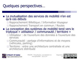 Quelques perspectives… 
 La mutualisation des services de mobilité n’en est 
qu’à ces débuts 
 Rapprochement Billettique / Information Voyageur 
 Rapprochement Transport en commun / Routes 
 La conception des systèmes de mobilité tend vers le 
triptyque « utilisateur / communauté / territoire » 
 Utilisateur : de l’ouverture des données à l’ouverture des 
services 
 Communauté : partage d’informations et de moyens 
(véhicules, parking) 
 Territoire : entre une architecture centralisée et une 
architecture distribuée 
STRUCT-IT SASU 
regis.casteran@struct-it.fr 
PREDIM - Mutualisation, normalisation et 
interopérabilité - 26/11/14 
Diapositive 
19 
