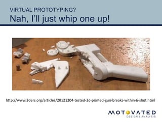 VIRTUAL PROTOTYPING? 
Nah, I’ll just whip one up! 
http://www.3ders.org/articles/20121204-tested-3d-printed-gun-breaks-within-6-shot.html 
 