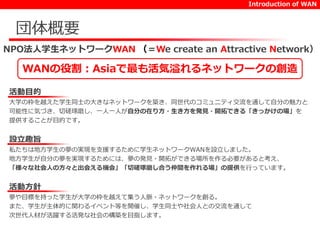 団体概要 
Introduction of WAN 
NPO法人学生ネットワークWAN （＝We create an Attractive Network） 
WANの役割：Asiaで最も活気溢れるネットワークの創造 
活動目的 
大学の枠を越えた学生同士の大きなネットワークを築き、同世代のコミュニティ交流を通して自分の魅力と 
可能性に気づき、切磋琢磨し、一人一人が自分の在り方・生き方を発見・開拓できる「きっかけの場」を 
提供することが目的です。 
設立趣旨 
私たちは地方学生の夢の実現を支援するために学生ネットワークWANを設立しました。 
地方学生が自分の夢を実現するためには、夢の発見・開拓ができる場所を作る必要があると考え、 
「様々な社会人の方々と出会える機会」「切磋琢磨し合う仲間を作れる場」の提供を行っています。 
活動方針 
夢や目標を持った学生が大学の枠を越えて集う人脈・ネットワークを創る。 
また、学生が主体的に関わるイベント等を開催し、学生同士や社会人との交流を通して 
次世代人材が活躍する活発な社会の構築を目指します。 
 