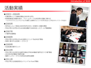 活動実績 
Introduction of WAN 
■2003～2004年 
・任意団体として活動を開始(2003年10月) 
・経済産業省の後援を受け、ドリームゲート九州支部の活動に携わる 
－ビジネスプランコンテストなどを運営し起業家スピリットを学び社会人と学生のネットワークを拡大 
■2005年 
・NPO法人として登記(2005年8月24日)→本格的に活動を開始 
・学生が考える学生のための就活講座“CANPASS→スクール”事業開始 
■2007年 
・IT業界支援開始 
■2008年 
・学生が考える学生のための就活イベント“BizPASS”開始 
・地球に愛される企業トークライブ 
■2009年 
・社会起業支援サミット 
■2010年 
・学生が考える次世代の留学支援USTREAM番組“留学生だべり場”開始 
・2010年MSP講座IT業界支援 
・福岡ベンチャークラブ合同会社説明会運営 
■2011年 
・学生が考える地域活性化イベント“In Front”開始 
 