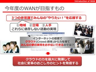 ➀地域➁立場➂人手 
これらに依存しない活動の実現 
Introduction of WAN 
今年度のWANが目指すもの 
３つの非常識でみんなの”やりたい！”を応援する 
インターネットの恩恵で 
クラウド(Crowd:群衆)から力を得て 
みんなの夢の実現をお手伝いできるのでは？ 
クラウドの力を最大に発揮して 
社会に変革のおこし方のヒントを発信する 
 