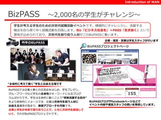 Introduction of WAN 
BizPASS ～2,000名の学生がチャレンジ～ 
学生が考える学生のための次世代就職活動イベントです。積極的にチャレンジし、活躍する 
機会を自ら得てゆく就職活動を目指します。Biz『ビジネス社会を』＋PASS『生き抜く』という 
意味が込められており、次世代を創り担う人材がこのBizPASSに集います。 
企画・運営・営業は学生スタッフが行います 
BizPASSブログやfacebookページなどで 
イベント内容や運営スタッフの想いを発信しています。 
昨年のBizPASS 
“主体的に考えて動く”学生と出会える場です 
BizPASSでは企業人事との交流会をはじめ、学生プレゼン、 
グループワークなど学生の主体性がキーワードになるプログ 
ラムばかりです。学生は主体的に動くことで“将来活躍する自分” 
をより具体的にイメージでき、企業は次世代を担う人材に 
出会える確率が高まり、直接アプローチも可能です。 
企業と学生が本音で語り合うことで、ともに次世代を創造して 
いく、それがBizPASSプロジェクトです。 
BizPASSプロジェクトページ 
 