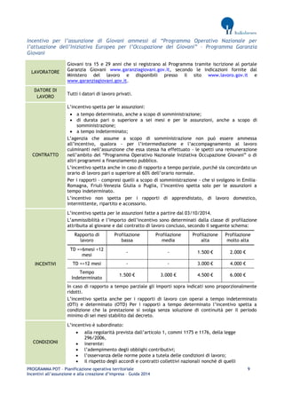 PROGRAMMA POT – Pianificazione operativa territoriale 9 
Incentivi all’assunzione e alla creazione d’impresa – Guida 2014 
Incentivo per l’assunzione di Giovani ammessi al “Programma Operativo Nazionale per l’attuazione dell’Iniziativa Europea per l’Occupazione dei Giovani” – Programma Garanzia Giovani LAVORATORE 
Giovani tra 15 e 29 anni che si registrano al Programma tramite iscrizione al portale Garanzia Giovani www.garanziagiovani.gov.it, secondo le indicazioni fornite dal Ministero del lavoro e disponibili presso il sito www.lavoro.gov.it e www.garanziagiovani.gov.it. DATORE DI LAVORO 
Tutti i datori di lavoro privati. CONTRATTO 
L’incentivo spetta per le assunzioni: 
 a tempo determinato, anche a scopo di somministrazione; 
 di durata pari o superiore a sei mesi e per le assunzioni, anche a scopo di somministrazione; 
 a tempo indeterminato; 
L’agenzia che assume a scopo di somministrazione non può essere ammessa all’incentivo, qualora - per l’intermediazione e l’accompagnamento al lavoro culminanti nell’assunzione che essa stessa ha effettuato - le spetti una remunerazione nell’ambito del “Programma Operativo Nazionale Iniziativa Occupazione Giovani” o di altri programmi a finanziamento pubblico. 
L’incentivo spetta anche in caso di rapporto a tempo parziale, purché sia concordato un orario di lavoro pari o superiore al 60% dell’orario normale. 
Per i rapporti – compresi quelli a scopo di somministrazione - che si svolgono in Emilia– Romagna, Friuli–Venezia Giulia o Puglia, l’incentivo spetta solo per le assunzioni a tempo indeterminato. 
L’incentivo non spetta per i rapporti di apprendistato, di lavoro domestico, intermittente, ripartito e accessorio. INCENTIVI 
L’incentivo spetta per le assunzioni fatte a partire dal 03/10/2014. 
L’ammissibilità e l’importo dell’incentivo sono determinati dalla classe di profilazione attribuita al giovane e dal contratto di lavoro concluso, secondo il seguente schema: 
Rapporto di lavoro 
Profilazione bassa 
Profilazione media 
Profilazione alta 
Profilazione molto alta 
TD =>6mesi <12 mesi 
- 
- 
1.500 € 
2.000 € 
TD =>12 mesi 
- 
- 
3.000 € 
4.000 € 
Tempo Indeterminato 
1.500 € 
3.000 € 
4.500 € 
6.000 € 
In caso di rapporto a tempo parziale gli importi sopra indicati sono proporzionalmente ridotti. 
L’incentivo spetta anche per i rapporti di lavoro con operai a tempo indeterminato (OTI) e determinato (OTD) Per i rapporti a tempo determinato l’incentivo spetta a condizione che la prestazione si svolga senza soluzione di continuità per il periodo minimo di sei mesi stabilito dal decreto. CONDIZIONI 
L’incentivo è subordinato: 
 alla regolarità prevista dall’articolo 1, commi 1175 e 1176, della legge 296/2006, 
 inerente: 
 l’adempimento degli obblighi contributivi; 
 l’osservanza delle norme poste a tutela delle condizioni di lavoro; 
 il rispetto degli accordi e contratti collettivi nazionali nonché di quelli  