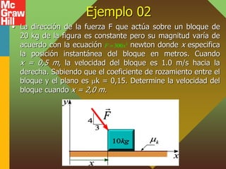 Ejemplo 02
• La dirección de la fuerza F que actúa sobre un bloque de
20 kg de la figura es constante pero su magnitud varía de
acuerdo con la ecuación newton donde x especifica
la posición instantánea del bloque en metros. Cuando
x = 0,5 m, la velocidad del bloque es 1.0 m/s hacia la
derecha. Sabiendo que el coeficiente de rozamiento entre el
bloque y el plano es k = 0,15. Determine la velocidad del
bloque cuando x = 2,0 m.
2
300
F x

 